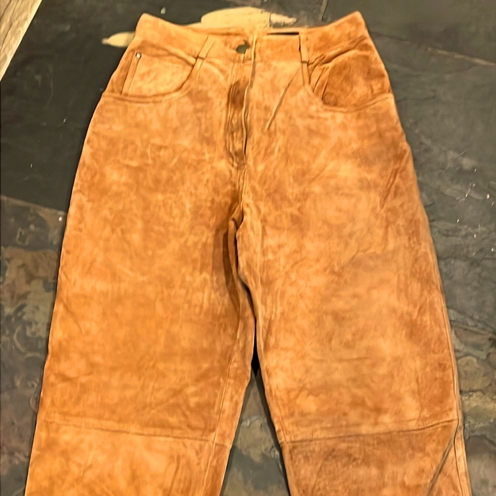 TOFFS Tan SUEDE Leather PANTS camel women’s SIZE 8 Medium,  Lined Pants HI RISE